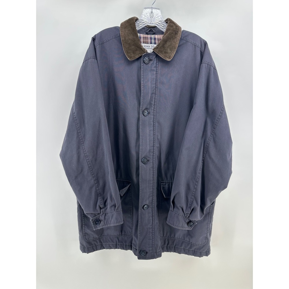 Clipper Mist London Fog Mens Navy Blue Barn Jacket Suede Collar Plaid Lined L